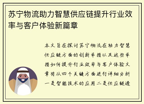 苏宁物流助力智慧供应链提升行业效率与客户体验新篇章