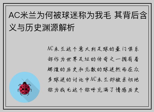 AC米兰为何被球迷称为我毛 其背后含义与历史渊源解析